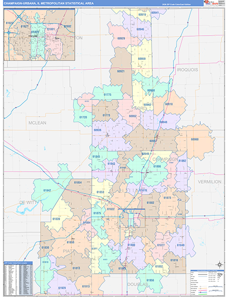 Champaign-Urbana Metro Area Wall Map Color Cast Style
